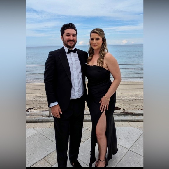 Billy J Julia Black Satin Maxi Dress Spaghetti Side Slit Ruched  Excellent 12 - Picture 12 of 12